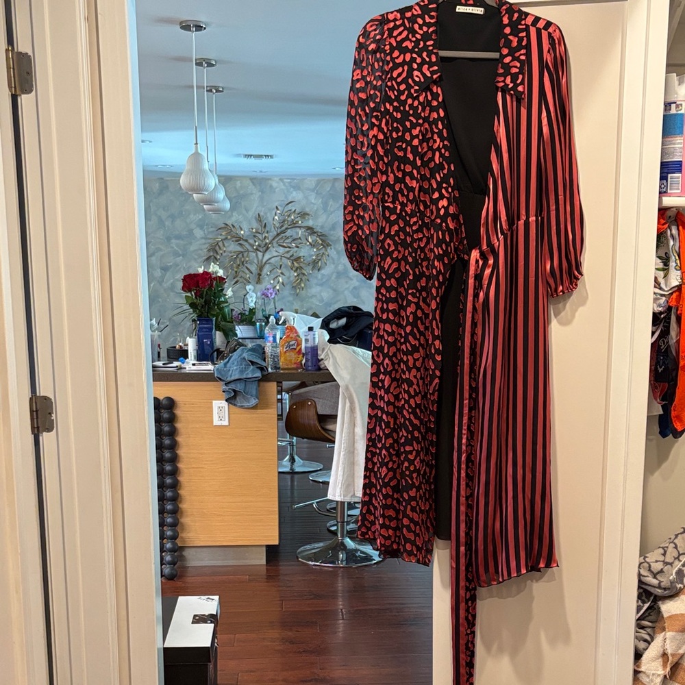 Alice + Olivia Black Dress with Hot Pink animal spots and stripes Accents.
